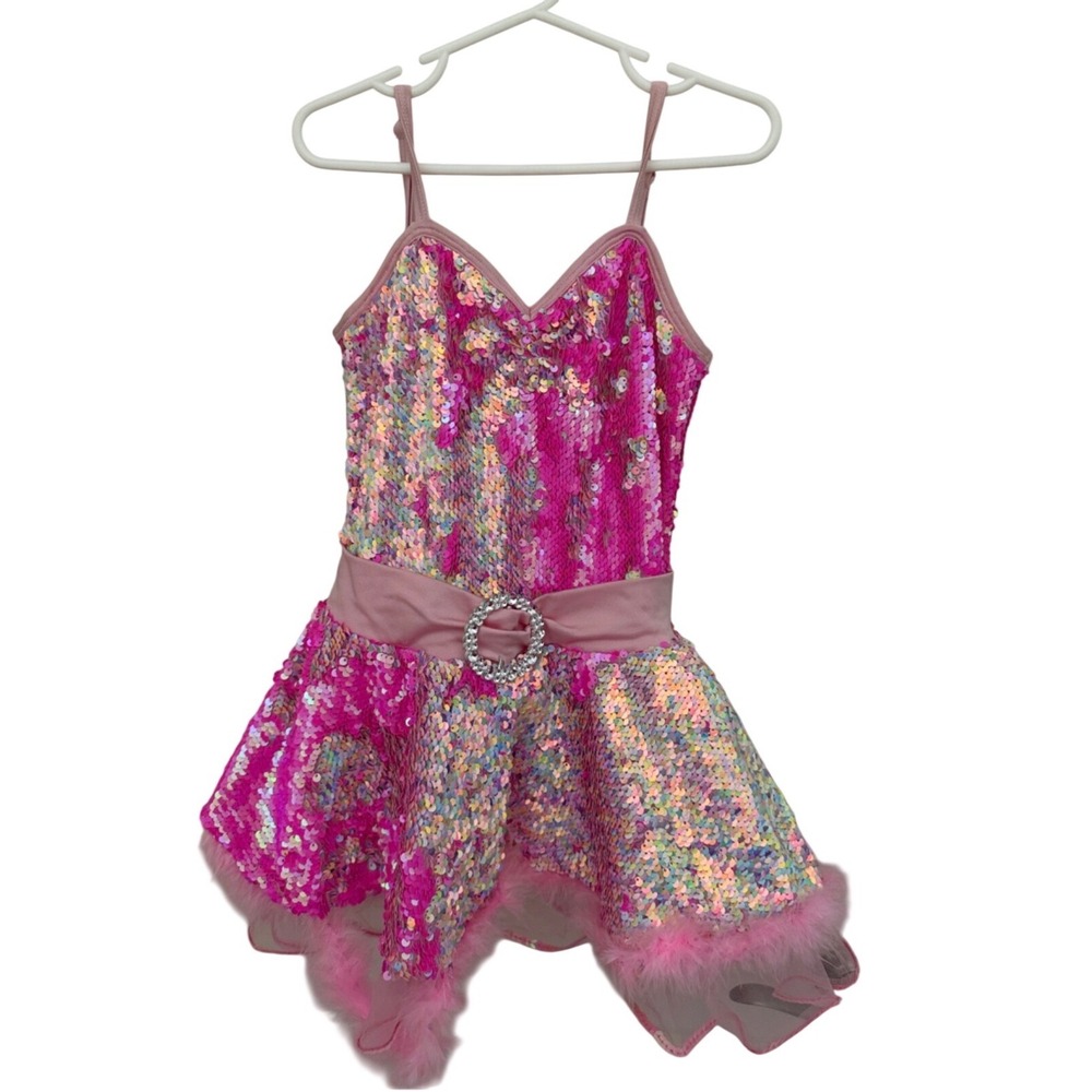 A Wish Come True Pink Sequin Dance Costume Dress with Bow Girls SC 25097Y